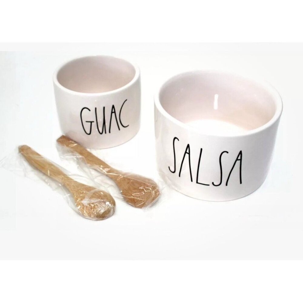 Rae Dunn Guac and Salsa Bowl Set with 2 Bamboo Spoons New in Box - Picture 1 of 4